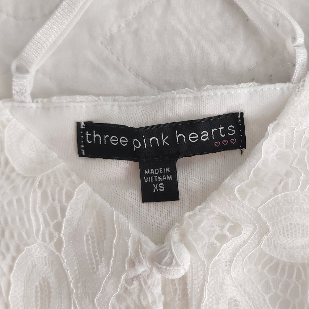 Three Pink Hearts - White Sleeveless Spaghetti-Strap Lace Button-Up Midi Dress - Picture 3 of 10